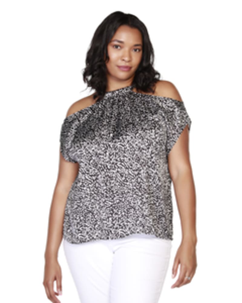 Front of a model wearing a size 1X Mary Cold-Shoulder Halter Top in Black/White/Silver by Belldini Black Label. | dia_product_style_image_id:245789